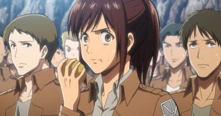 Sasha Blouse eating a potato in Attack on Titan