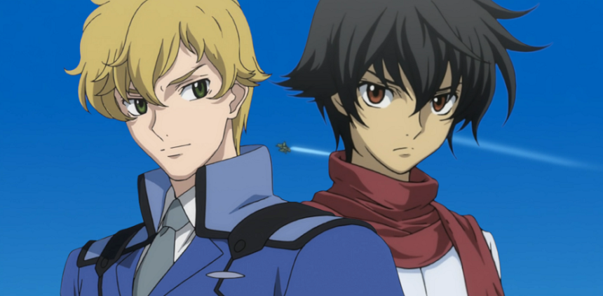 Graham Aker and Setsuna F Seiei back to back against a blue sky in Gundam 00.