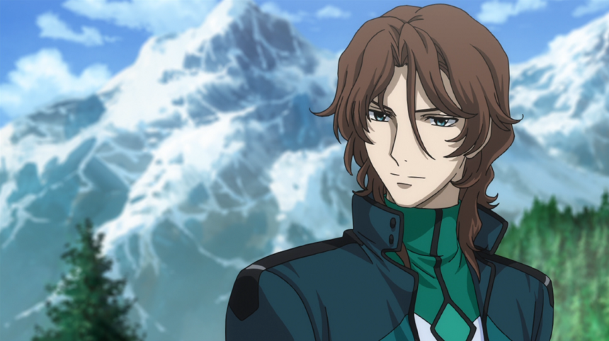 Lyle Dylandy smiling in his uniform near mountains in Gundam 00.