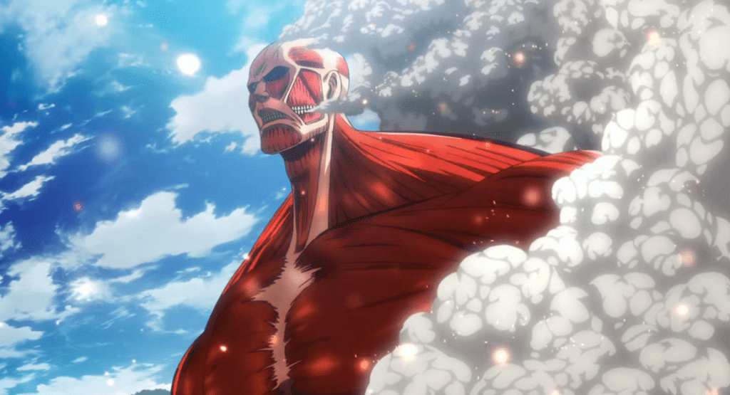 Colossus Titan appearing from steam against bright blue sky