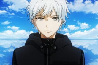Kaneki in a black hoodie against a bright blue background.
