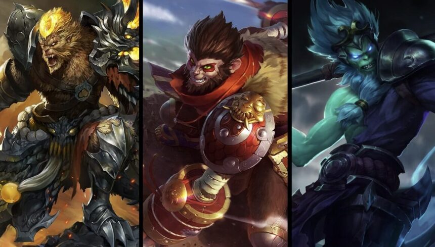 Three Wukong illustrations from League of Legends featuring a ghostly variant and warrior version.