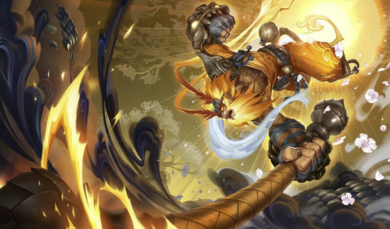 Radiant Wukong slamming his staff ferociously with a colorful background