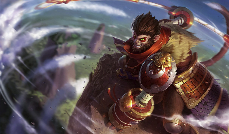 Wukong spinning his staff and smiling on a destroyed field of rocks