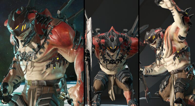 Drakahl in three different poses with armor and weapon in hand