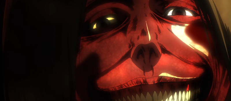 Smiling Titan grinning with bright red shadows cover her face