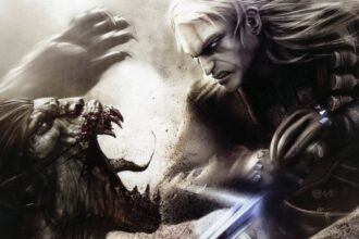 Geralt fighting a Striga with a silver sword and white background.