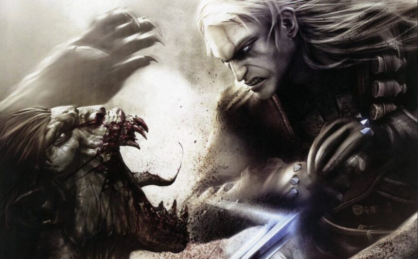 Geralt fighting a Striga with a silver sword and white background.