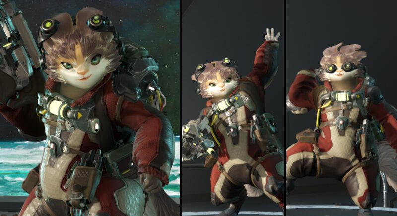 Tosca waving and dancing with her combat gear and weapon