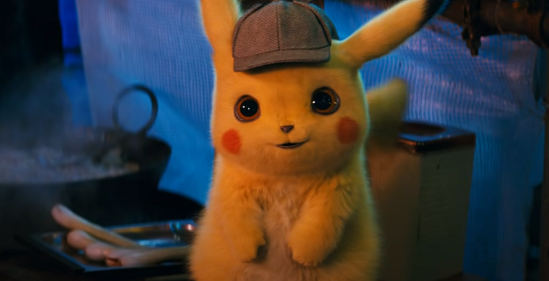 Pikachu sitting near a grill and wearing a detective hat