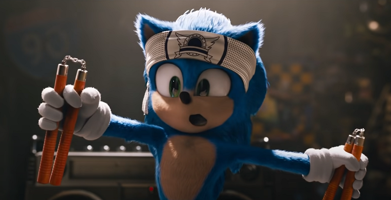 Sonic the Hedgehog with a pair of nunchuks and bandana