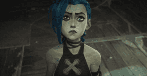 Jinx looking up in a dark room with a confused face