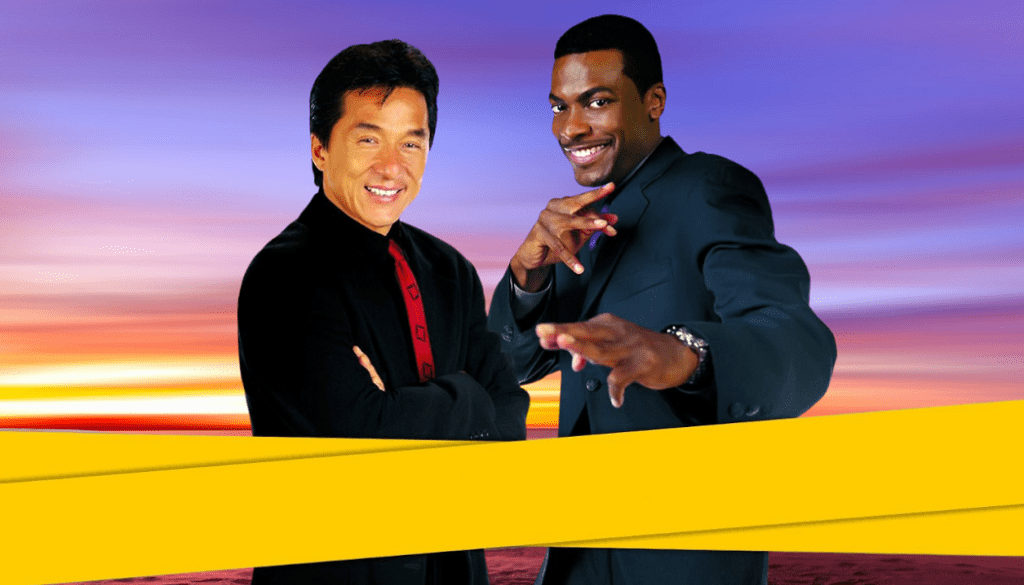 Jackie Chan and Chris Tucker with yellow tape and sunset background