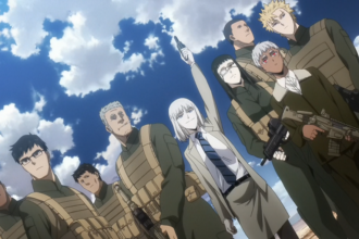 Koko Hekmatyar and her crew against blue sky in Jormungand anime.