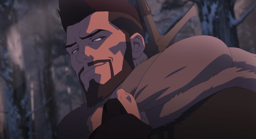 Vesemir looking over his shoulder and smiling.