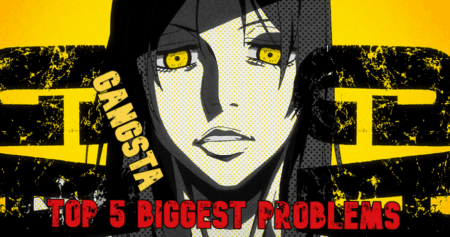 Alex Benedetto from Gangsta anime with text around her face
