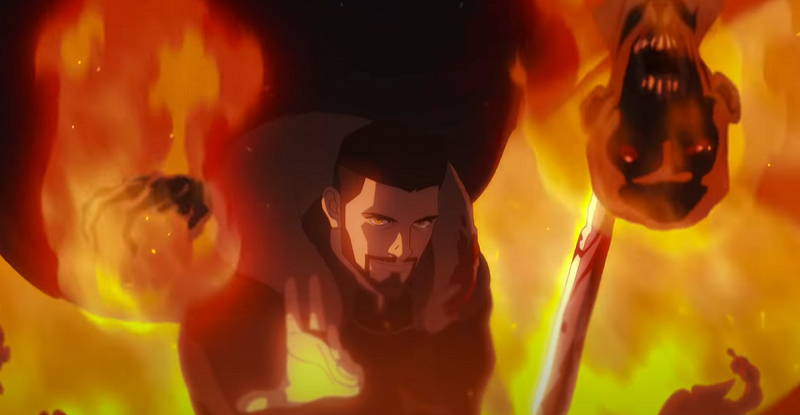 Vesemir using a fire spell and holding off creatures