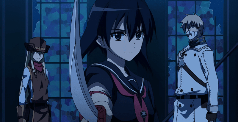 Kurome smiling while holding her katana and surrounded by puppets