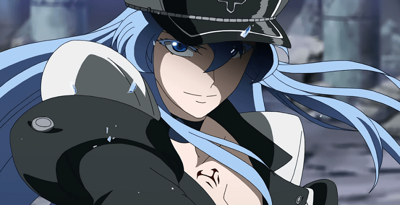Lady Esdeath smiling with pieces of ice flying around