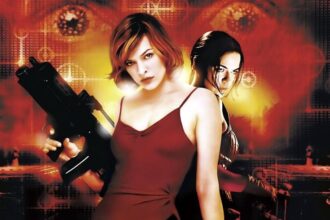 Resident Evil characters Milla Jovovich and Michelle Rodriguez with red face behind them.