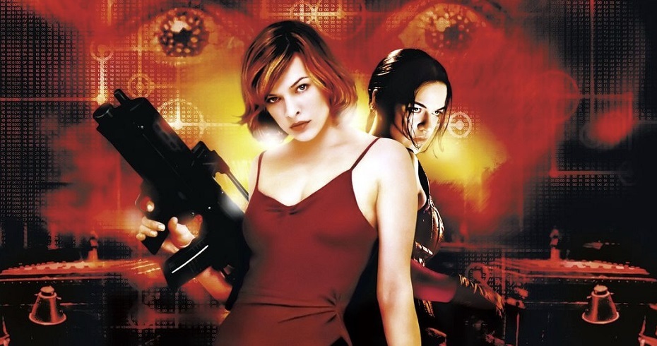 Resident Evil characters Milla Jovovich and Michelle Rodriguez with red face behind them