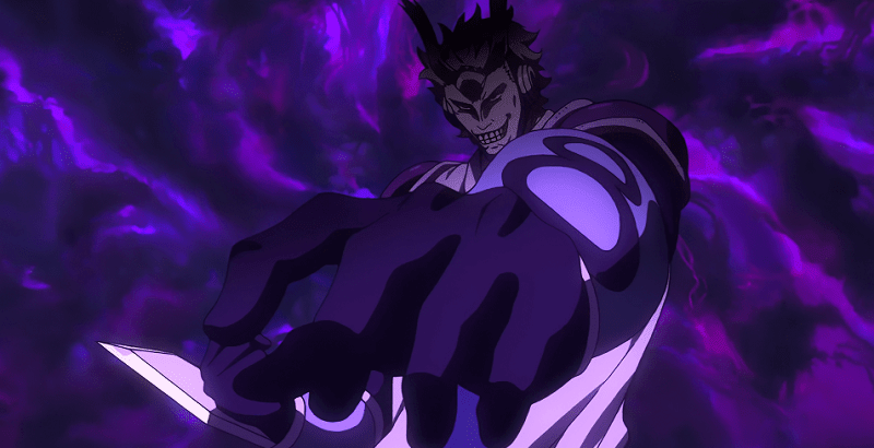 Zanku holding his hand forward in purple mist and smiling