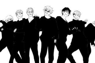 Jujutsu Kaisen characters Gojo and Sukuna dancing in black and white.
