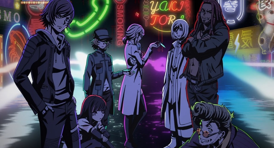 Akudama Drive characters slouching together near neon lights