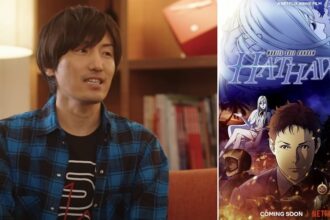 Hiroyuki Sawano speaking with a poster of Gundam Hathaway next to him.