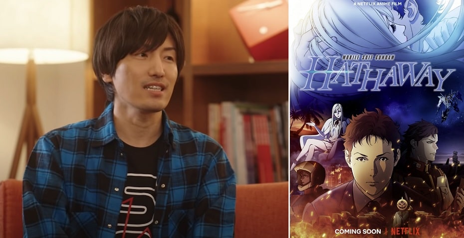 Hiroyuki Sawano speaking with a poster of Gundam Hathaway next to him