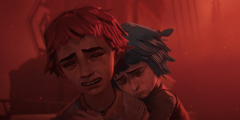Jinx hugging Vi as she's crying after seeing their dead parents