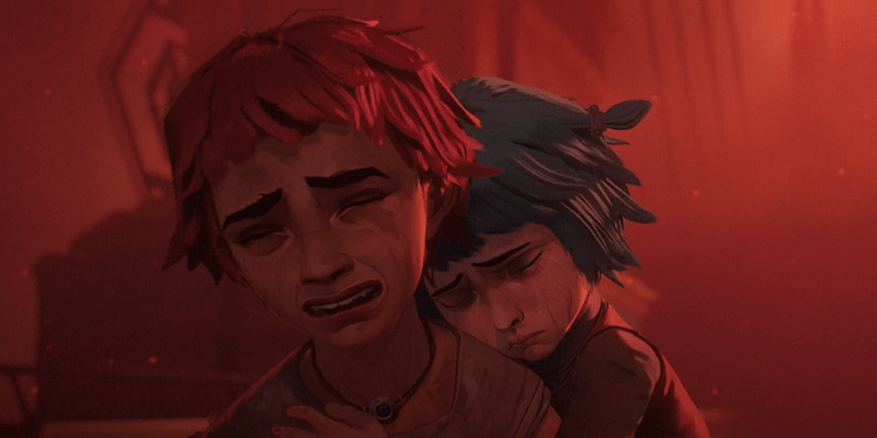 Powder hugging Vi when she's crying with a red background