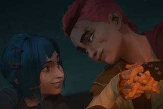 Vi and Jinx looking at each other and smiling.