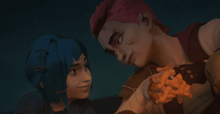 Vi and Jinx looking at each other and smiling