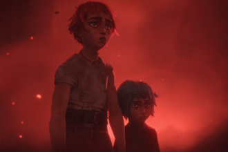 Vi and Jinx in red smoke holding hands.