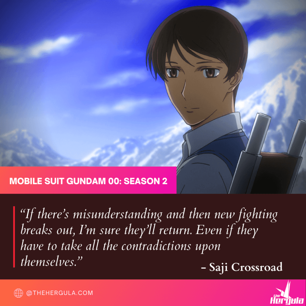 Saji Crossroad against blue sky and anime quote