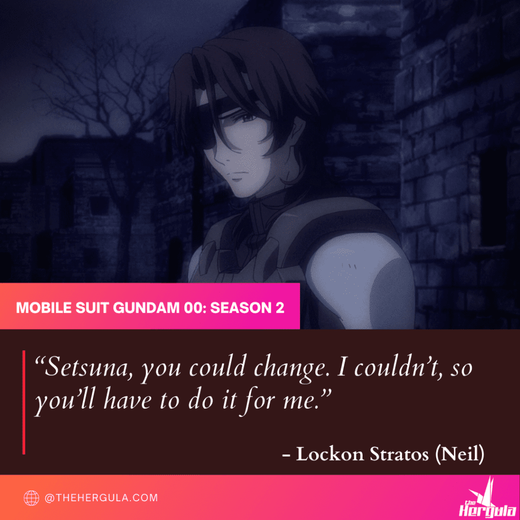 Lockon Stratos with an eye-patch in the dark with a quote about Setsuna