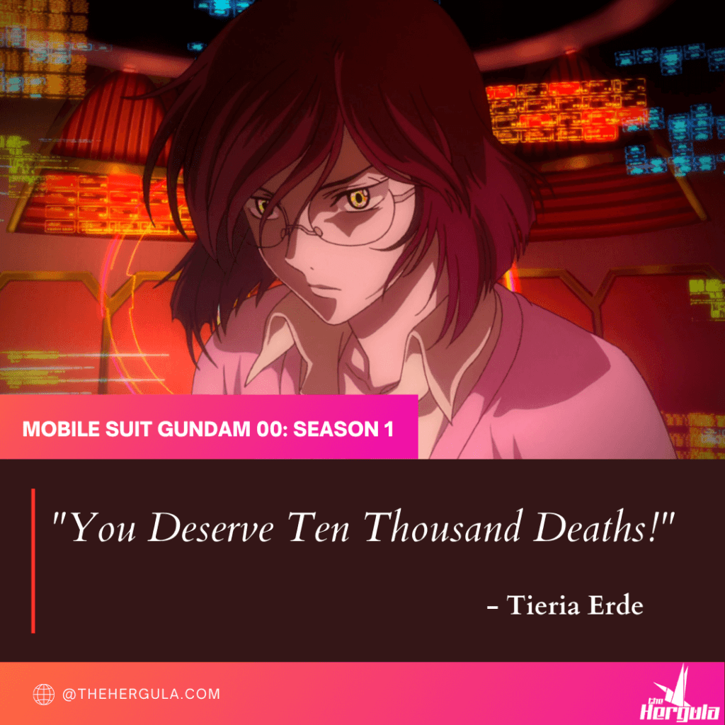 Tieria Erde with glowing eyes and quote about death