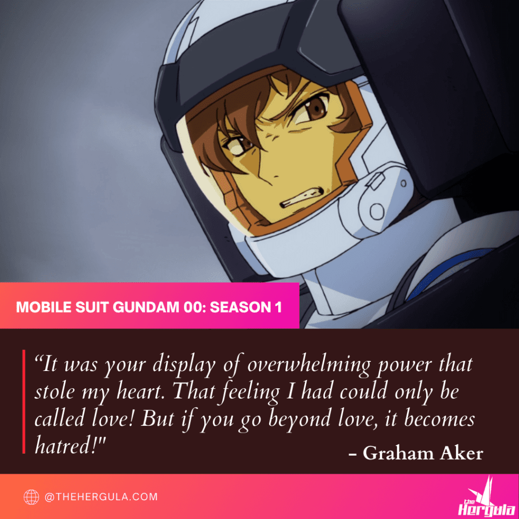Graham Aker anime character with a quote about gundams