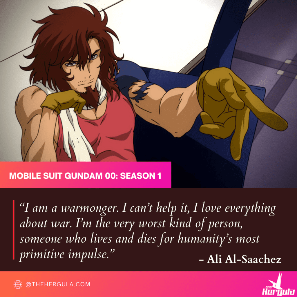 Ali Al-Saachez with Gundam 00 text and quote about being a warmonger