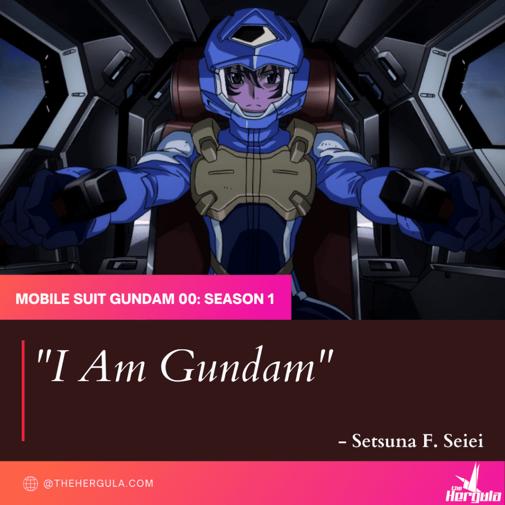 Setsuna F Seiei piloting Exia and the text I Am Gundam