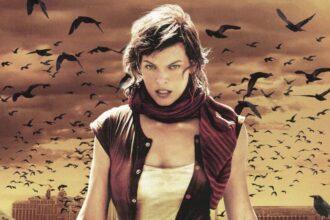 Milla Jovovich as Alice in the middle of crows.