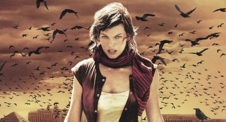 Milla Jovovich as Alice in the middle of crows