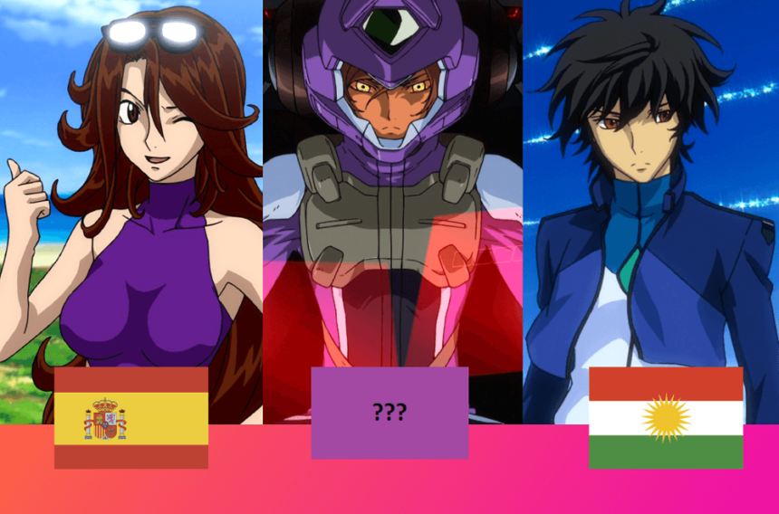Gundam 00 characters with their country flags underneath them.
