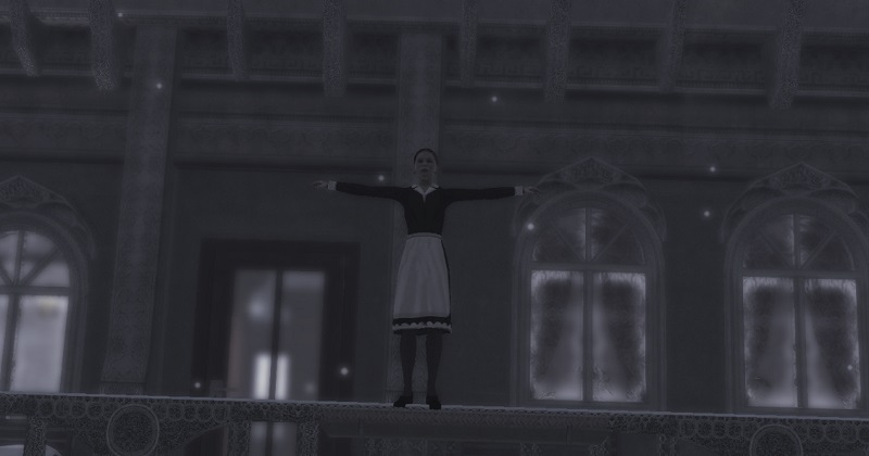 maid holding hands out on a ledge with snow around her