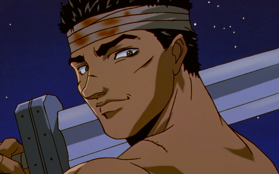 Guts smiling and looking over his shoulder in the night