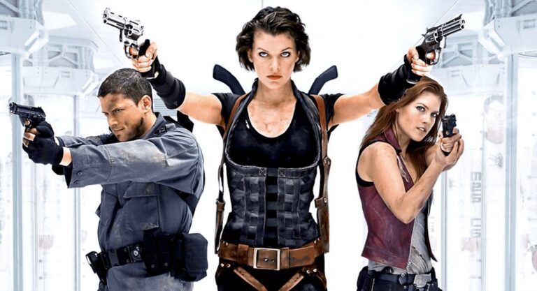 Wentworth Miller, Milla Jovovich and Ali Larter with guns in a white room