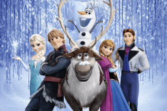 Anna and Elsa with other Frozen characters posing cheerfully.