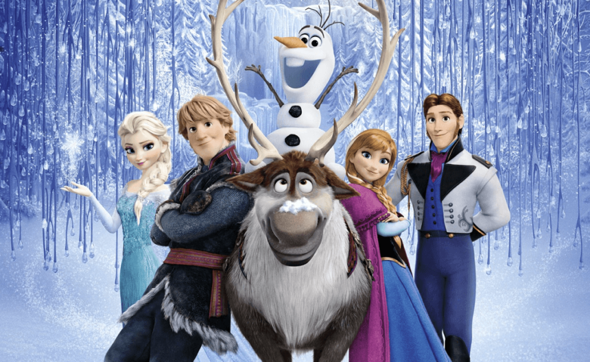 Anna and Elsa with other Frozen characters posing cheerfully.