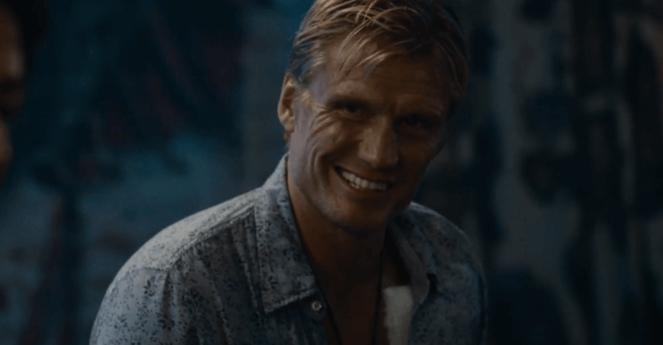 Dolph Lundgren smiling as Gunner in The Expendables